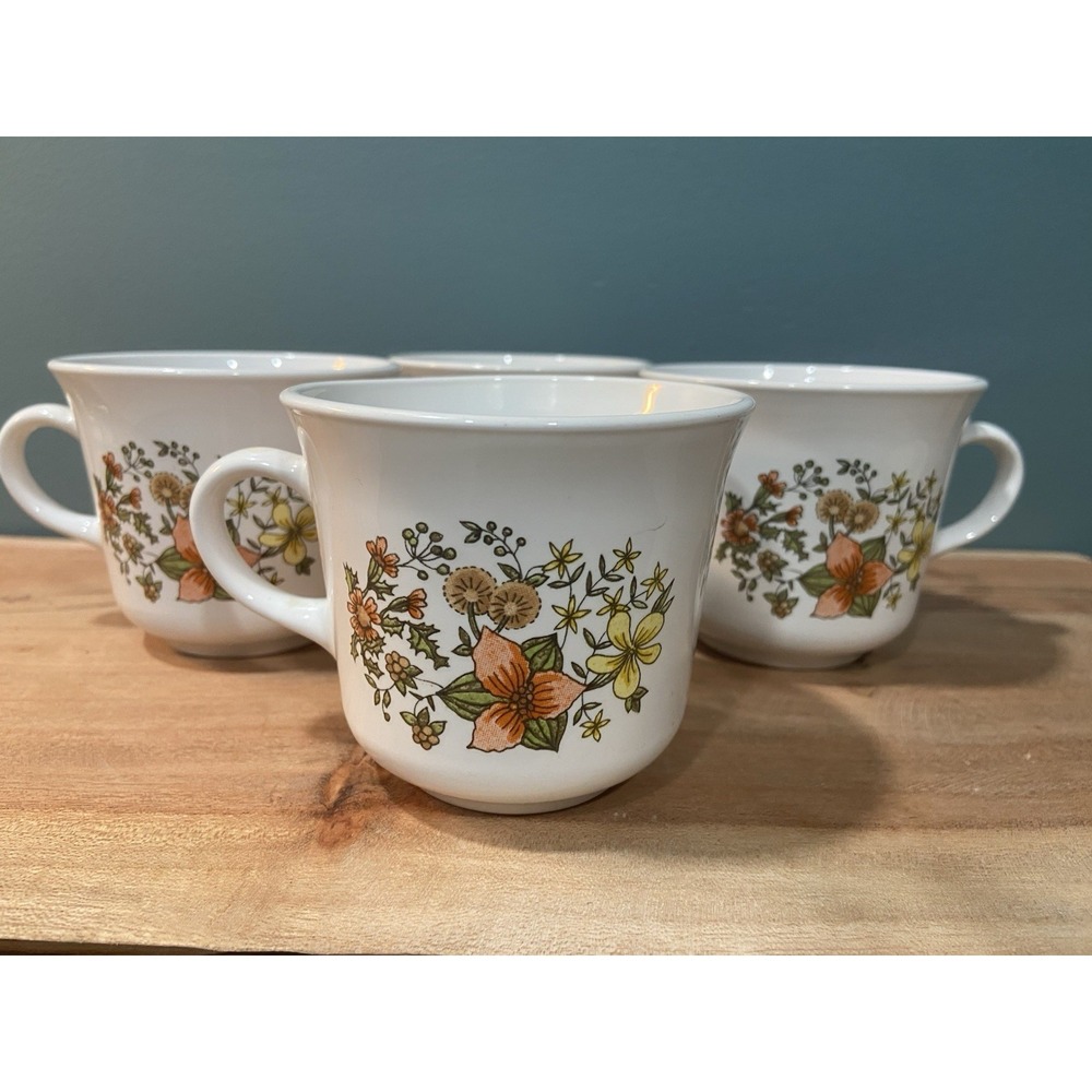 4 Vtg 1970 Corelle Corning Ware "Indian Summer"Coffee Cups Orange Yellow & Green - Picture 1 of 7